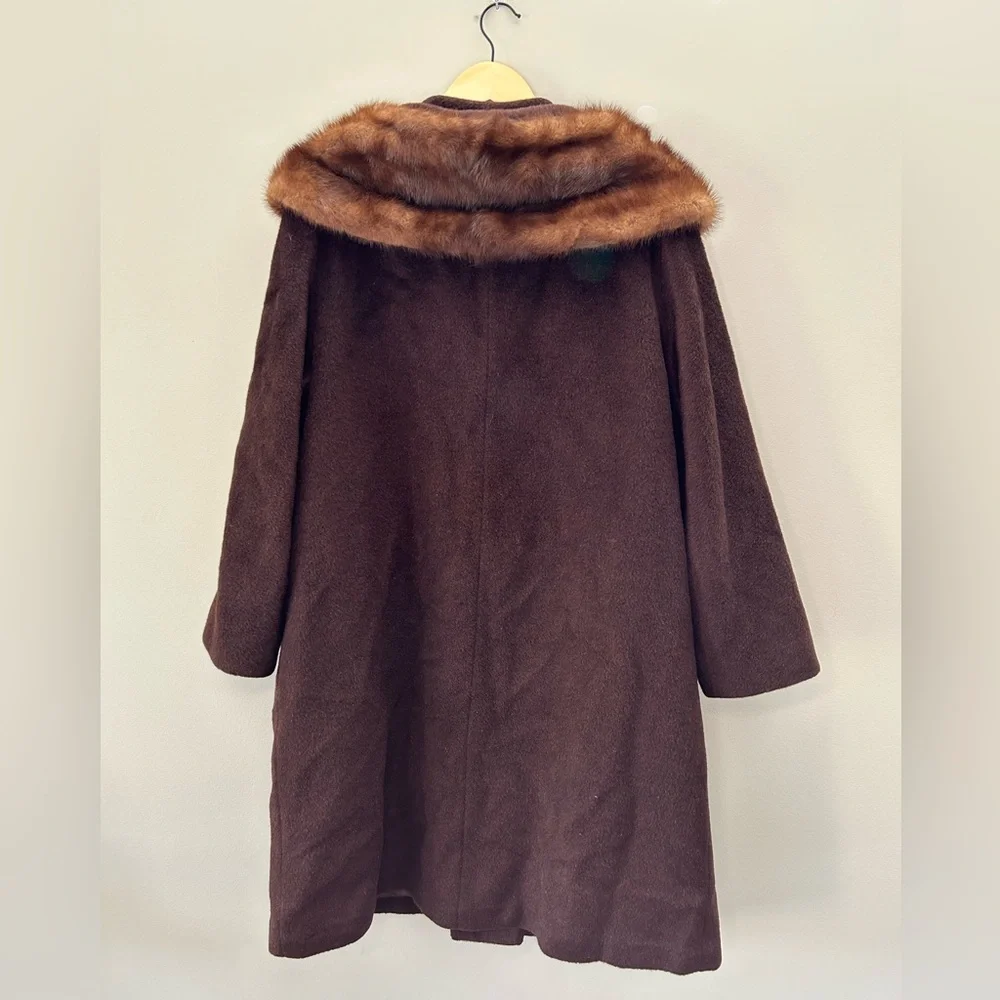 Vintage 60’s Ladies Brown Fox Fur Collar Mink Button Down Long Trench Coat - Picture 4 of 9